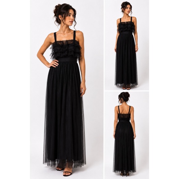 Faeriesty Dresses & Skirts - Faeriesty Black Tulle Maxi Dress Tiered Ruffle Formal Gown Size L